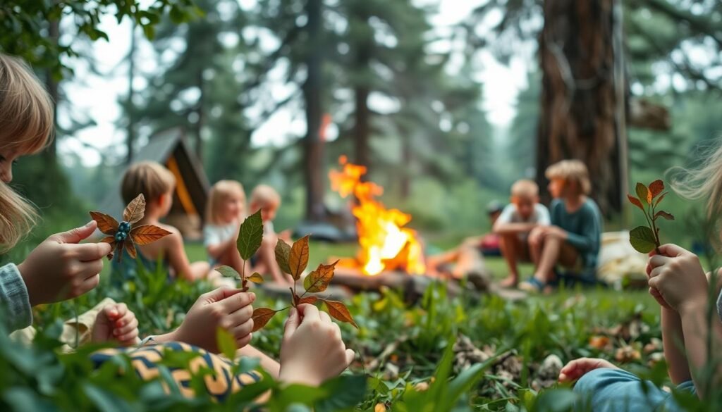 A peaceful outdoor scene, with a cozy campsite nestled amidst lush greenery. In the foreground, a group of children engage in a variety of nature-inspired crafts, their hands skillfully manipulating leaves, twigs, and other found materials to create whimsical works of art. The middle ground features a crackling campfire, casting a warm glow over the scene, while in the background, towering pine trees sway gently in the breeze. The lighting is soft and diffused, lending an enchanting, almost magical atmosphere to the setting. The overall composition conveys a sense of wonder, creativity, and deep connection with the natural world.