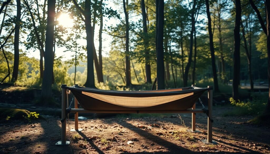 A peaceful, sun-dappled forest clearing, with a sturdy, elevated camping cot taking center stage. The cot is made of weathered wood and durable fabric, perfectly positioned to provide a comfortable, off-the-ground sleeping surface. Soft, natural light filters through the canopy of trees, casting warm shadows across the scene. The cot's elevated design allows a gentle breeze to flow beneath, creating a soothing, relaxing atmosphere. In the background, lush greenery and the distant sound of a babbling brook set the tranquil, outdoor ambiance. The image conveys the benefits of elevated, comfortable sleep in the serene, natural setting of a camping adventure.