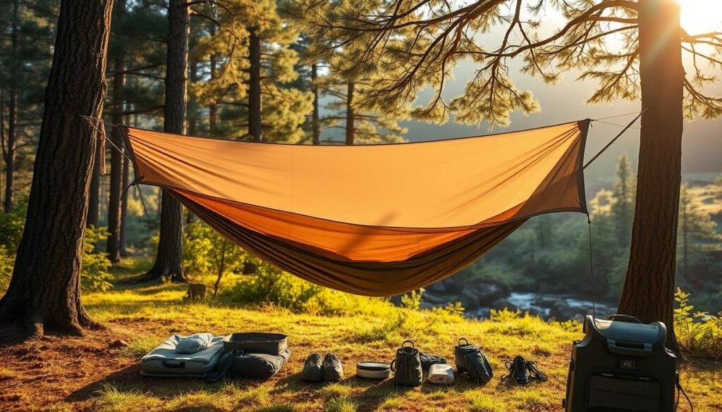 A peaceful, sun-dappled forest glade, with a well-crafted hammock setup as the centerpiece. The hammock, suspended between two sturdy trees, is draped with a high-quality tarp, its panels strategically arranged to provide ample shelter from the elements. The tarp's fabric gently billows in the soft breeze, creating a cozy, inviting atmosphere. In the foreground, an array of lightweight camping gear is neatly organized, hinting at the adventurer's preparedness. The background features a lush, verdant landscape, with towering pines and a hint of a babbling brook, setting the scene for a peaceful, off-the-grid respite. Soft, warm lighting filters through the canopy, casting a golden glow on the entire setup, capturing the tranquility and comfort of a well-designed hammock camping tarp arrangement.