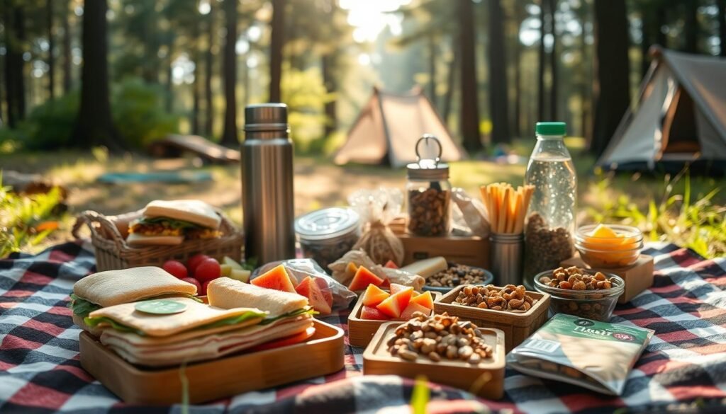A picnic-style camping lunch spread, captured in natural lighting and a cozy, rustic atmosphere. In the foreground, an assortment of portable, easy-to-pack meal options, such as sandwiches, fresh fruit, granola bars, and trail mix, neatly arranged on a checkered picnic blanket. In the middle ground, a vintage-style metal thermos and reusable water bottles, reflecting the sustainable, minimalist ethos of the scene. The background features a glimpse of a wooded campsite, with dappled sunlight filtering through the trees, creating a warm, inviting ambiance. A picnic-style camping lunch spread, captured in natural lighting and a cozy, rustic atmosphere. In the foreground, an assortment of portable, easy-to-pack meal options, such as sandwiches, fresh fruit, granola bars, and trail mix, neatly arranged on a checkered picnic blanket. In the middle ground, a vintage-style metal thermos and reusable water bottles, reflecting the sustainable, minimalist ethos of the scene. The background features a glimpse of a wooded campsite, with dappled sunlight filtering through the trees, creating a warm, inviting ambiance.