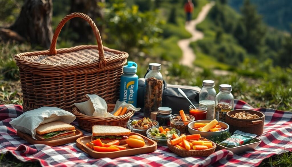 A picnic-style outdoor lunch laid out on a checkered blanket, with a sturdy wicker basket, reusable water bottles, and a variety of portable, easy-to-pack foods like sandwiches, trail mix, fresh fruit, and vegetable sticks. The scene is bathed in warm, natural lighting, with a backdrop of lush, verdant foliage and a hint of a winding hiking trail in the distance. The overall mood is one of rustic simplicity and nourishing sustenance, perfect for fueling up hungry hikers on a camping adventure. A picnic-style outdoor lunch laid out on a checkered blanket, with a sturdy wicker basket, reusable water bottles, and a variety of portable, easy-to-pack foods like sandwiches, trail mix, fresh fruit, and vegetable sticks. The scene is bathed in warm, natural lighting, with a backdrop of lush, verdant foliage and a hint of a winding hiking trail in the distance. The overall mood is one of rustic simplicity and nourishing sustenance, perfect for fueling up hungry hikers on a camping adventure.