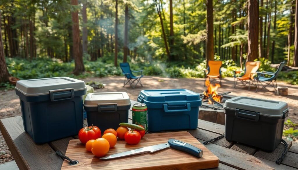 A picnic table in a lush forest clearing, sunlight filtering through the canopy. On the table, a selection of airtight containers, coolers, and cooking equipment. In the foreground, a cutting board with fresh vegetables, a knife, and a food thermometer. In the background, a campfire pit with a grate, surrounded by camping chairs. The scene conveys a sense of preparing a delicious, safe meal for an outdoor adventure, with attention to temperature control, food storage, and sanitation. A picnic table in a lush forest clearing, sunlight filtering through the canopy. On the table, a selection of airtight containers, coolers, and cooking equipment. In the foreground, a cutting board with fresh vegetables, a knife, and a food thermometer. In the background, a campfire pit with a grate, surrounded by camping chairs. The scene conveys a sense of preparing a delicious, safe meal for an outdoor adventure, with attention to temperature control, food storage, and sanitation.