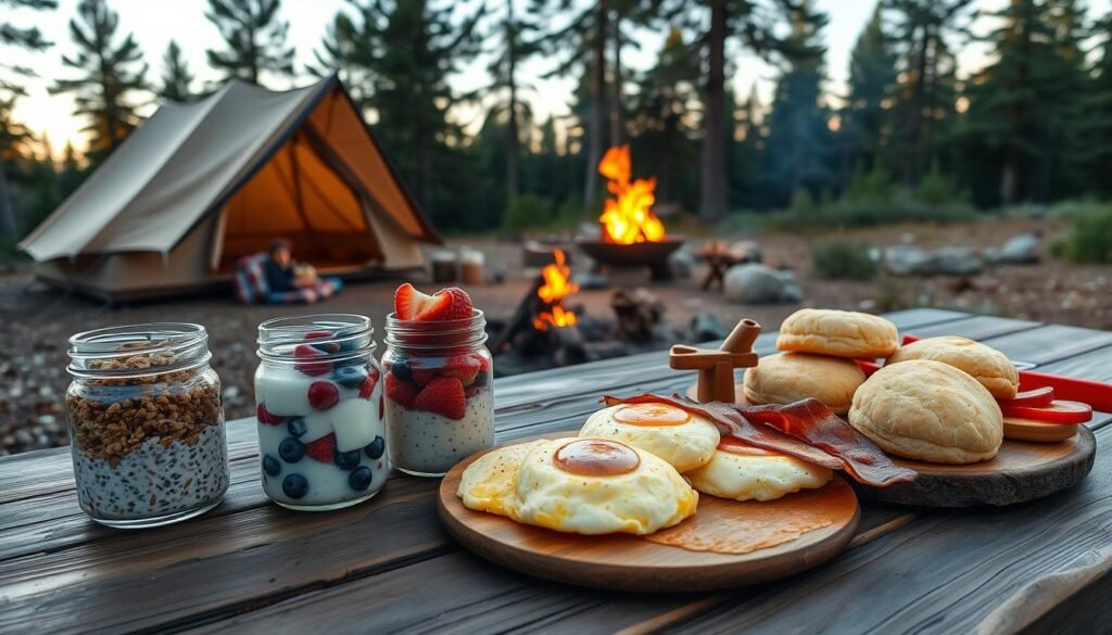A picturesque campsite scene with a rustic wooden table laden with a hearty make-ahead breakfast spread. On the table, there are mason jars filled with overnight oats, homemade granola, and fresh berries. Beside them, a platter showcases fluffy scrambled eggs, crispy bacon, and warm biscuits. The background features a cozy tent, a crackling fire pit, and towering pine trees, all bathed in soft, golden morning light. The overall atmosphere evokes a sense of outdoor adventure and nourishing, wholesome sustenance. A picturesque campsite scene with a rustic wooden table laden with a hearty make-ahead breakfast spread. On the table, there are mason jars filled with overnight oats, homemade granola, and fresh berries. Beside them, a platter showcases fluffy scrambled eggs, crispy bacon, and warm biscuits. The background features a cozy tent, a crackling fire pit, and towering pine trees, all bathed in soft, golden morning light. The overall atmosphere evokes a sense of outdoor adventure and nourishing, wholesome sustenance.