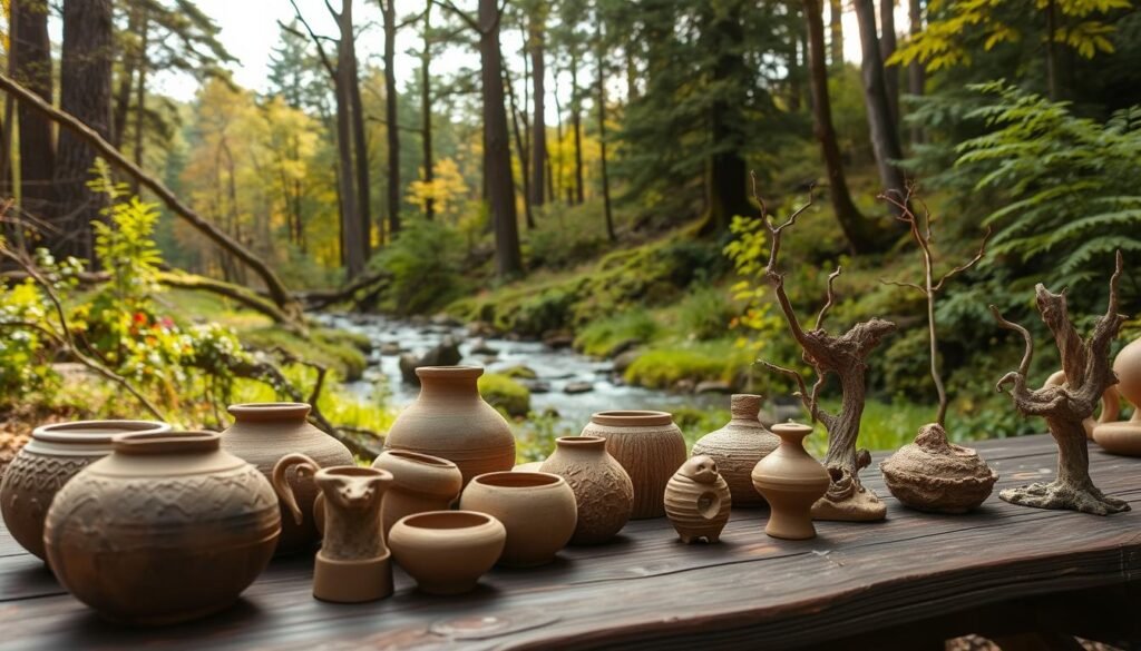 A picturesque outdoor scene showcasing mud pottery and nature sculptures in a serene forest setting. In the foreground, a collection of handcrafted ceramic vessels and organic, earthy sculptures rest on a weathered wooden table, their textured surfaces reflecting the warm, natural lighting. Surrounding them, a lush, verdant landscape with towering trees, vibrant foliage, and a gently flowing stream create a tranquil, inspirational backdrop. The image captures the harmonious integration of crafted objects and the captivating beauty of the natural world, inviting the viewer to explore the joys of creating with mud and found materials in an idyllic outdoor environment.