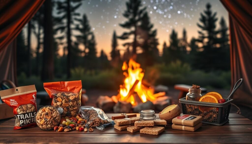 A picturesque scene of essential camping food items for kids, captured in a warm, rustic atmosphere. In the foreground, a wooden table is adorned with a colorful assortment of snacks, including trail mix, granola bars, and fresh fruit. In the middle ground, a small campfire crackles, casting a gentle glow on the surroundings. In the background, the silhouettes of tall pines and a starry night sky create a peaceful, adventurous ambiance. The lighting is soft and natural, with a hint of golden-hour warmth. The overall composition evokes a sense of outdoor exploration and nourishment for young campers.