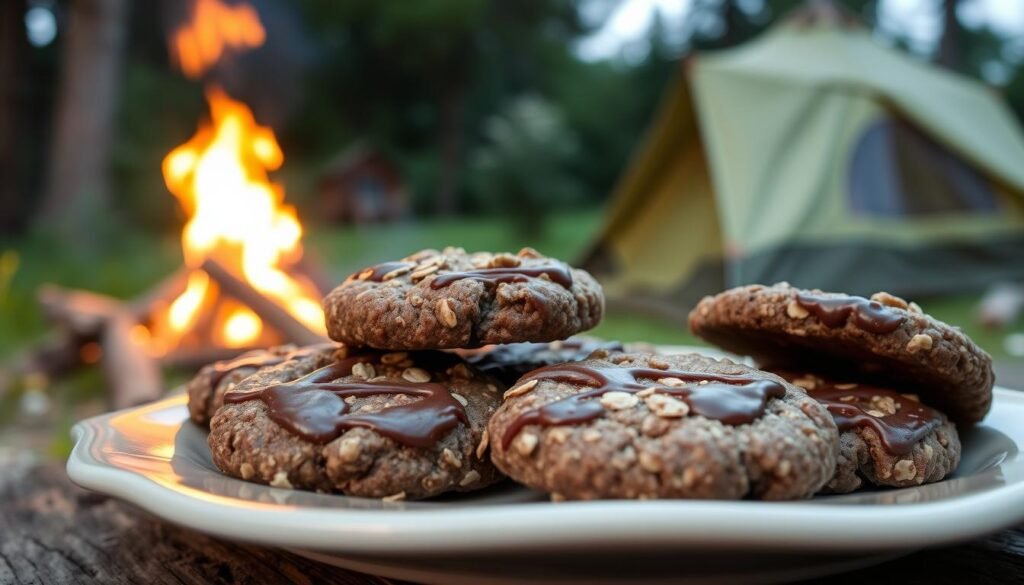 A plate of homemade no-bake chocolate oatmeal cookies, freshly prepared in a rustic outdoor setting. The cookies are arranged in a neat stack, their rich chocolate coating glistening under the warm, diffused lighting of a campfire. The oats are visible, adding texture and visual interest. In the background, a backdrop of lush greenery and a cozy camping tent evokes the peaceful, natural atmosphere of a campsite. The image is captured from a low angle, emphasizing the homey, inviting nature of this classic camping dessert. A plate of homemade no-bake chocolate oatmeal cookies, freshly prepared in a rustic outdoor setting. The cookies are arranged in a neat stack, their rich chocolate coating glistening under the warm, diffused lighting of a campfire. The oats are visible, adding texture and visual interest. In the background, a backdrop of lush greenery and a cozy camping tent evokes the peaceful, natural atmosphere of a campsite. The image is captured from a low angle, emphasizing the homey, inviting nature of this classic camping dessert.