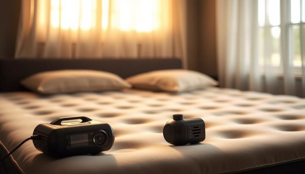 A plush, inviting air mattress rests in a cozy, dimly lit bedroom. Soft, golden light filters through sheer curtains, casting a warm glow. In the foreground, a compact but powerful air pump sits, its sleek design and intuitive controls promising effortless inflation. The mattress, crafted from high-quality materials, appears supportive and comfortable, ready to provide a restful night's sleep. The scene evokes a sense of tranquility and relaxation, perfectly suited for the "Pump Up Your Sleep" article's section on the importance of quality air mattress pumps. A plush, inviting air mattress rests in a cozy, dimly lit bedroom. Soft, golden light filters through sheer curtains, casting a warm glow. In the foreground, a compact but powerful air pump sits, its sleek design and intuitive controls promising effortless inflation. The mattress, crafted from high-quality materials, appears supportive and comfortable, ready to provide a restful night's sleep. The scene evokes a sense of tranquility and relaxation, perfectly suited for the "Pump Up Your Sleep" article's section on the importance of quality air mattress pumps.