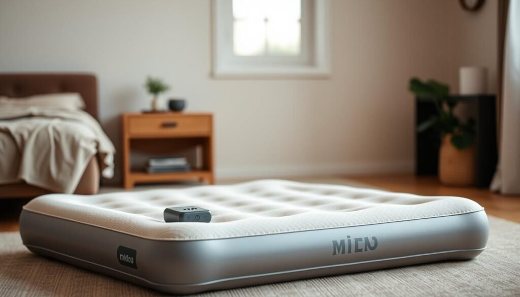 A portable air mattress with a rechargeable electric pump, standing in a well-lit indoor setting. The mattress is positioned at an angle, showcasing its compact size and convenient design. The pump is attached to the side, its sleek and modern appearance complementing the mattress. The background is slightly blurred, but hints at a minimalist, cozy bedroom or living space, allowing the air mattress to take center stage. The lighting is soft and warm, accentuating the plush, inviting texture of the mattress. The overall mood is one of comfort, functionality, and portability - capturing the essence of a versatile, high-quality air mattress perfect for any situation. A portable air mattress with a rechargeable electric pump, standing in a well-lit indoor setting. The mattress is positioned at an angle, showcasing its compact size and convenient design. The pump is attached to the side, its sleek and modern appearance complementing the mattress. The background is slightly blurred, but hints at a minimalist, cozy bedroom or living space, allowing the air mattress to take center stage. The lighting is soft and warm, accentuating the plush, inviting texture of the mattress. The overall mood is one of comfort, functionality, and portability - capturing the essence of a versatile, high-quality air mattress perfect for any situation.