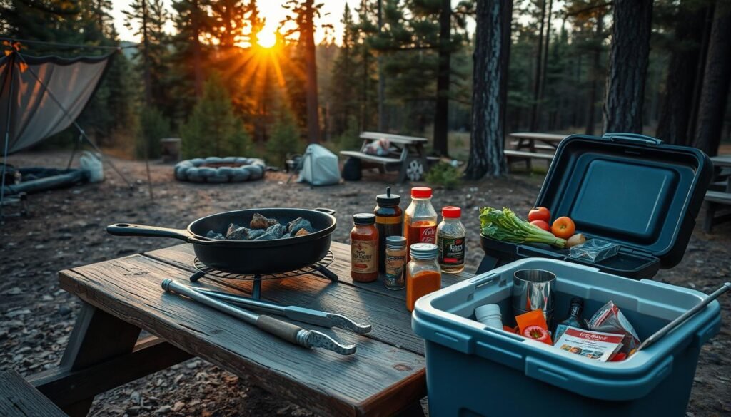 A rugged campsite amid towering pines, the evening sun casting a warm glow. On a sturdy picnic table, an assortment of essential grilling gear: a charcoal-fired grill, a well-seasoned cast-iron skillet, a pair of sturdy tongs, and a selection of spices in weathered jars. A cooler filled with fresh ingredients waits nearby, ready to be transformed into a delectable meal. The scene conveys a sense of adventure and the pleasures of outdoor cooking, the perfect setup for a memorable camping experience.