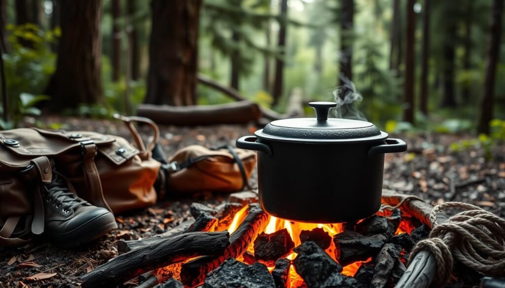 A rugged campsite nestled in a lush forest, a sturdy cast-iron Dutch oven resting on a bed of glowing embers. The pot's thick walls and tight-fitting lid suggest slow-cooked perfection, as steam gently escapes, hinting at the savory meal within. Surrounding the oven, an assortment of camping gear - a worn leather backpack, a sturdy hiking boot, and a coil of rope - speaks to the adventurous spirit of the outdoors. Soft, natural lighting filters through the canopy, casting a warm, inviting glow over the scene, capturing the essence of a rustic, off-the-grid culinary experience. A rugged campsite nestled in a lush forest, a sturdy cast-iron Dutch oven resting on a bed of glowing embers. The pot's thick walls and tight-fitting lid suggest slow-cooked perfection, as steam gently escapes, hinting at the savory meal within. Surrounding the oven, an assortment of camping gear - a worn leather backpack, a sturdy hiking boot, and a coil of rope - speaks to the adventurous spirit of the outdoors. Soft, natural lighting filters through the canopy, casting a warm, inviting glow over the scene, capturing the essence of a rustic, off-the-grid culinary experience.