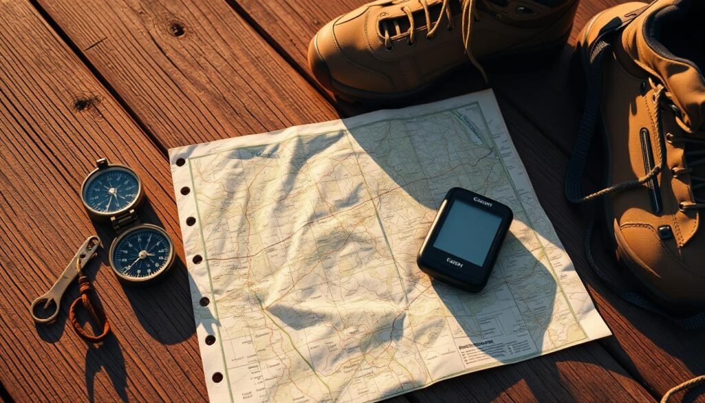A rugged compass, a weathered map, and a sleek GPS device sit atop a wooden table, casting long shadows in the warm, golden light. Beside them, a pair of sturdy hiking boots and a lightweight backpack suggest the tools are ready for an outdoor adventure. The scene evokes a sense of exploration and preparedness, capturing the essence of the "Navigation and Communication Tools" section of the camping checklist. A rugged compass, a weathered map, and a sleek GPS device sit atop a wooden table, casting long shadows in the warm, golden light. Beside them, a pair of sturdy hiking boots and a lightweight backpack suggest the tools are ready for an outdoor adventure. The scene evokes a sense of exploration and preparedness, capturing the essence of the "Navigation and Communication Tools" section of the camping checklist.