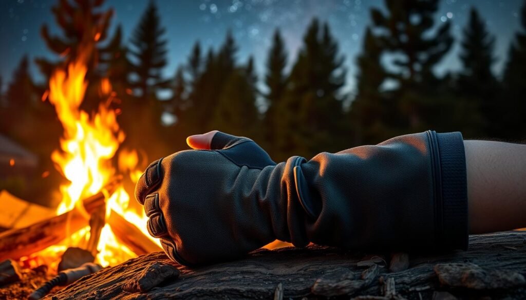 A rugged pair of fingerless gloves and a sturdy canvas arm sleeve lie against a backdrop of a campfire, pine trees, and a starry night sky. The gloves have reinforced palms and knuckles, offering protection from thorns and abrasions during outdoor activities. The arm sleeve features a zipper closure and moisture-wicking material, shielding the forearm from the elements. Warm, ambient lighting illuminates the scene, conveying a sense of tranquility and preparedness for the wilderness. The composition emphasizes the functional nature of these essential camping accessories, highlighting their practical application in a natural, rustic environment. A rugged pair of fingerless gloves and a sturdy canvas arm sleeve lie against a backdrop of a campfire, pine trees, and a starry night sky. The gloves have reinforced palms and knuckles, offering protection from thorns and abrasions during outdoor activities. The arm sleeve features a zipper closure and moisture-wicking material, shielding the forearm from the elements. Warm, ambient lighting illuminates the scene, conveying a sense of tranquility and preparedness for the wilderness. The composition emphasizes the functional nature of these essential camping accessories, highlighting their practical application in a natural, rustic environment.