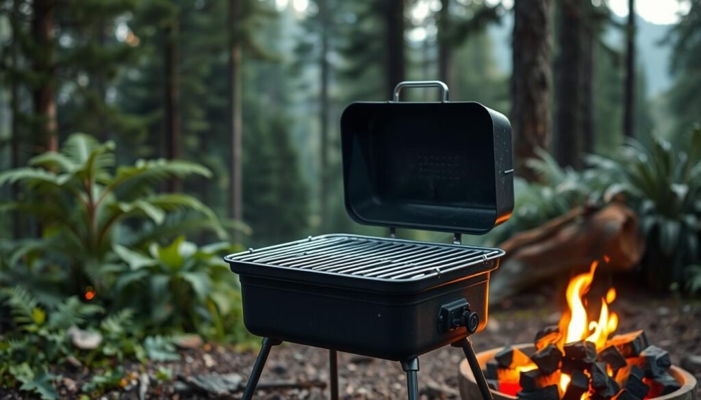 A rugged, portable charcoal grill against a backdrop of a lush, forested campsite. The grill stands sturdy on its metal frame, its grates gleaming in the soft, diffused lighting. Nearby, a stack of charcoal briquettes waits to be ignited, casting a warm, earthy glow. In the background, towering pines and ferns create a serene, natural setting, hinting at the adventure to come. The scene exudes a sense of anticipation, inviting the viewer to imagine the delicious, smoky flavors that will soon emerge from this essential camping companion.