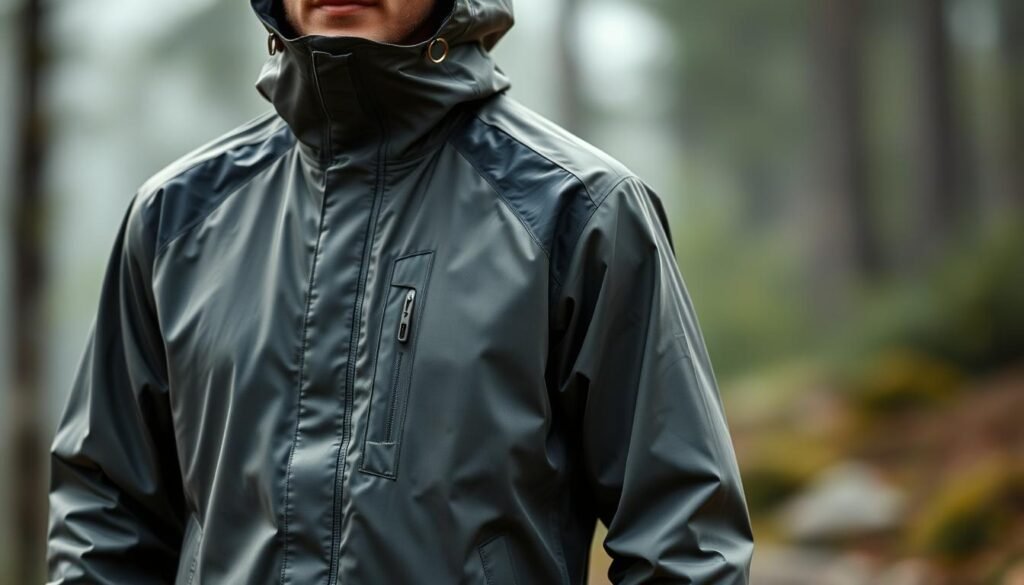A rugged, waterproof camping jacket with a matte finish, designed to shield against rain and wind. The jacket features a high-collar, adjustable cuffs, and a reinforced hood to keep you dry in inclement weather. Constructed from durable, breathable fabric with strategically placed ventilation panels, it offers optimal protection while maintaining comfort. The jacket's streamlined silhouette and neutral color palette blend seamlessly into the natural surroundings, making it a practical and versatile choice for outdoor adventures. Illuminated by soft, diffused lighting that accentuates the jacket's textural details, the image conveys a sense of rugged functionality and preparedness for the elements. A rugged, waterproof camping jacket with a matte finish, designed to shield against rain and wind. The jacket features a high-collar, adjustable cuffs, and a reinforced hood to keep you dry in inclement weather. Constructed from durable, breathable fabric with strategically placed ventilation panels, it offers optimal protection while maintaining comfort. The jacket's streamlined silhouette and neutral color palette blend seamlessly into the natural surroundings, making it a practical and versatile choice for outdoor adventures. Illuminated by soft, diffused lighting that accentuates the jacket's textural details, the image conveys a sense of rugged functionality and preparedness for the elements.