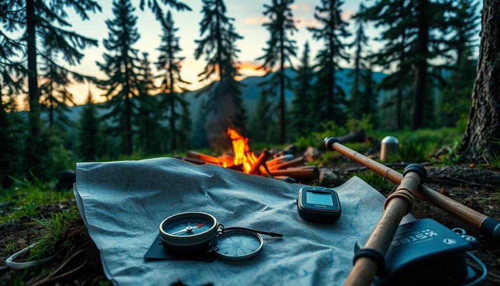 A rugged, well-equipped campsite nestled in a lush, verdant forest. In the foreground, an array of essential navigation tools meticulously arranged: a compass with a shimmering needle, a topographic map unfurled and marked with hiking trails, a handheld GPS device with a glowing display, and a sturdy, weathered walking stick. The middle ground features a campfire with dancing flames, casting a warm glow across the scene. In the background, towering evergreen trees sway gently, and the silhouette of a distant mountain range stands proud against a softly lit sky. The lighting is natural and dramatic, with beams of sunlight filtering through the canopy. The overall mood is one of rugged exploration, safety, and the tranquility of the great outdoors. A rugged, well-equipped campsite nestled in a lush, verdant forest. In the foreground, an array of essential navigation tools meticulously arranged: a compass with a shimmering needle, a topographic map unfurled and marked with hiking trails, a handheld GPS device with a glowing display, and a sturdy, weathered walking stick. The middle ground features a campfire with dancing flames, casting a warm glow across the scene. In the background, towering evergreen trees sway gently, and the silhouette of a distant mountain range stands proud against a softly lit sky. The lighting is natural and dramatic, with beams of sunlight filtering through the canopy. The overall mood is one of rugged exploration, safety, and the tranquility of the great outdoors.