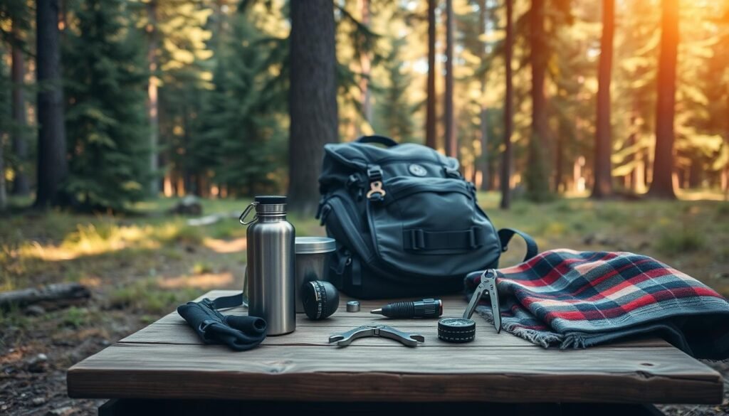 A rugged wooden table set amidst a lush forest clearing, illuminated by warm, natural lighting. On the table, an array of essential camping gear - a sturdy backpack, a durable water bottle, a compass, a multitool, and a cozy plaid blanket. In the background, tall evergreen trees frame the scene, casting gentle shadows. The overall atmosphere evokes a sense of adventure, preparedness, and a connection to the great outdoors.