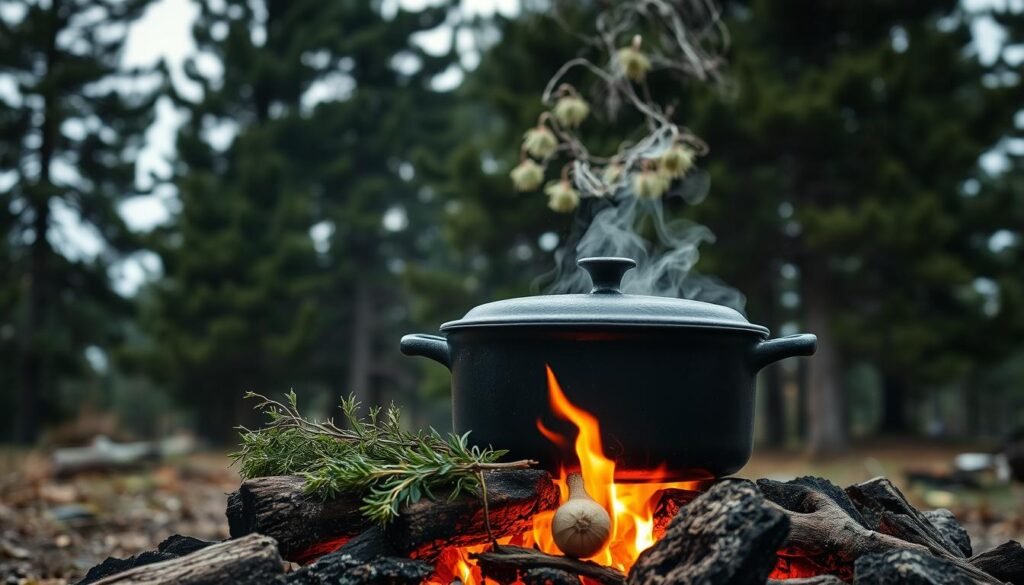 A rustic Dutch oven sits atop a campfire, its lid gently steaming, surrounded by freshly foraged herbs and vegetables. The warm, golden glow of the flames casts a cozy ambiance, as if inviting you to gather 'round and savor the hearty, slow-cooked stew simmering within. The scene evokes the rugged charm of outdoor cooking, where the elements and a simple cast-iron vessel combine to elevate humble ingredients into a delectable feast. The composition is framed by the majestic backdrop of towering pine trees, their verdant boughs reaching up towards a softly overcast sky, creating a sense of peaceful solitude in the great outdoors. A rustic Dutch oven sits atop a campfire, its lid gently steaming, surrounded by freshly foraged herbs and vegetables. The warm, golden glow of the flames casts a cozy ambiance, as if inviting you to gather 'round and savor the hearty, slow-cooked stew simmering within. The scene evokes the rugged charm of outdoor cooking, where the elements and a simple cast-iron vessel combine to elevate humble ingredients into a delectable feast. The composition is framed by the majestic backdrop of towering pine trees, their verdant boughs reaching up towards a softly overcast sky, creating a sense of peaceful solitude in the great outdoors.