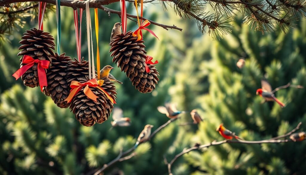 A rustic and whimsical outdoor scene featuring a group of pine cones transformed into charming bird feeders. In the foreground, several pine cones hang from a sturdy branch, adorned with colorful ribbons and filled with birdseed. The middle ground showcases a variety of birds, from vibrant cardinals to delicate sparrows, perched and pecking at the feeders. The background is a lush, verdant landscape of towering pine trees, creating a serene and natural atmosphere. The lighting is soft and warm, casting a gentle glow on the scene. Captured with a wide-angle lens to emphasize the tranquil, outdoor setting, inviting the viewer to imagine themselves crafting these whimsical feeders and observing the visiting birds.