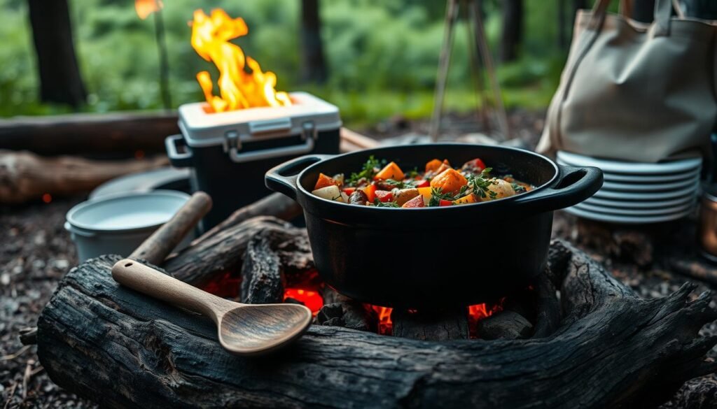 A rustic campfire scene, a cast-iron Dutch oven simmering with a hearty one-pot meal, surrounded by fresh seasonal vegetables, herbs, and spices. Flickering flames cast a warm glow, illuminating the rich, earthy colors of the dish. In the foreground, a wood-handled cooking utensil rests on a weathered log, hinting at the simple, yet flavorful preparation. The middle ground features a few camping essentials - a compact cooler, a stack of enamel plates, and a canvas tote bag. The background blurs into a lush, forested landscape, suggesting the peaceful, outdoor setting. The overall atmosphere is rustic, inviting, and reminiscent of satisfying, home-cooked meals enjoyed under the stars. A rustic campfire scene, a cast-iron Dutch oven simmering with a hearty one-pot meal, surrounded by fresh seasonal vegetables, herbs, and spices. Flickering flames cast a warm glow, illuminating the rich, earthy colors of the dish. In the foreground, a wood-handled cooking utensil rests on a weathered log, hinting at the simple, yet flavorful preparation. The middle ground features a few camping essentials - a compact cooler, a stack of enamel plates, and a canvas tote bag. The background blurs into a lush, forested landscape, suggesting the peaceful, outdoor setting. The overall atmosphere is rustic, inviting, and reminiscent of satisfying, home-cooked meals enjoyed under the stars.