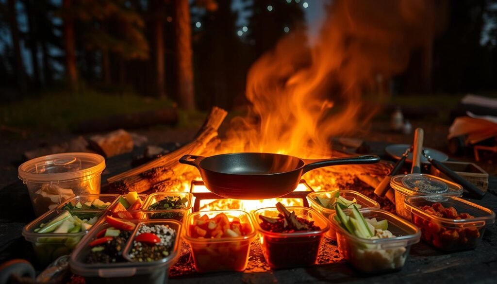 A rustic campfire setup with a cast-iron skillet simmering on the grates, surrounded by a variety of pre-prepared ingredients and cooking tools. The scene is bathed in warm, flickering firelight, casting a cozy, inviting atmosphere. In the foreground, neatly organized containers hold pre-chopped vegetables, spices, and other ready-to-use items. The middle ground features the campfire itself, with glowing embers and dancing flames. In the background, the silhouettes of tall pine trees and a starry night sky create a serene, wilderness setting. The image conveys the ease and convenience of having delicious, homemade meals prepared in advance for a memorable camping experience. A rustic campfire setup with a cast-iron skillet simmering on the grates, surrounded by a variety of pre-prepared ingredients and cooking tools. The scene is bathed in warm, flickering firelight, casting a cozy, inviting atmosphere. In the foreground, neatly organized containers hold pre-chopped vegetables, spices, and other ready-to-use items. The middle ground features the campfire itself, with glowing embers and dancing flames. In the background, the silhouettes of tall pine trees and a starry night sky create a serene, wilderness setting. The image conveys the ease and convenience of having delicious, homemade meals prepared in advance for a memorable camping experience.