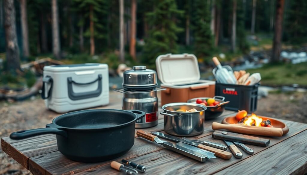 A rustic campsite at dawn, with a neatly arranged collection of camping cookware and utensils on a wooden table. In the foreground, a sturdy cast-iron skillet, a metal cooking pot, and a set of sturdy camp knives catch the warm glow of a nearby campfire. In the middle ground, a compact camp stove, a portable grill, and a cooler filled with fresh ingredients stand ready for meal preparation. In the background, a backdrop of towering pine trees and a glimpse of a nearby stream hints at the peaceful, natural setting. The overall scene conveys a sense of self-reliance, practical function, and a connection to the great outdoors. A rustic campsite at dawn, with a neatly arranged collection of camping cookware and utensils on a wooden table. In the foreground, a sturdy cast-iron skillet, a metal cooking pot, and a set of sturdy camp knives catch the warm glow of a nearby campfire. In the middle ground, a compact camp stove, a portable grill, and a cooler filled with fresh ingredients stand ready for meal preparation. In the background, a backdrop of towering pine trees and a glimpse of a nearby stream hints at the peaceful, natural setting. The overall scene conveys a sense of self-reliance, practical function, and a connection to the great outdoors.
