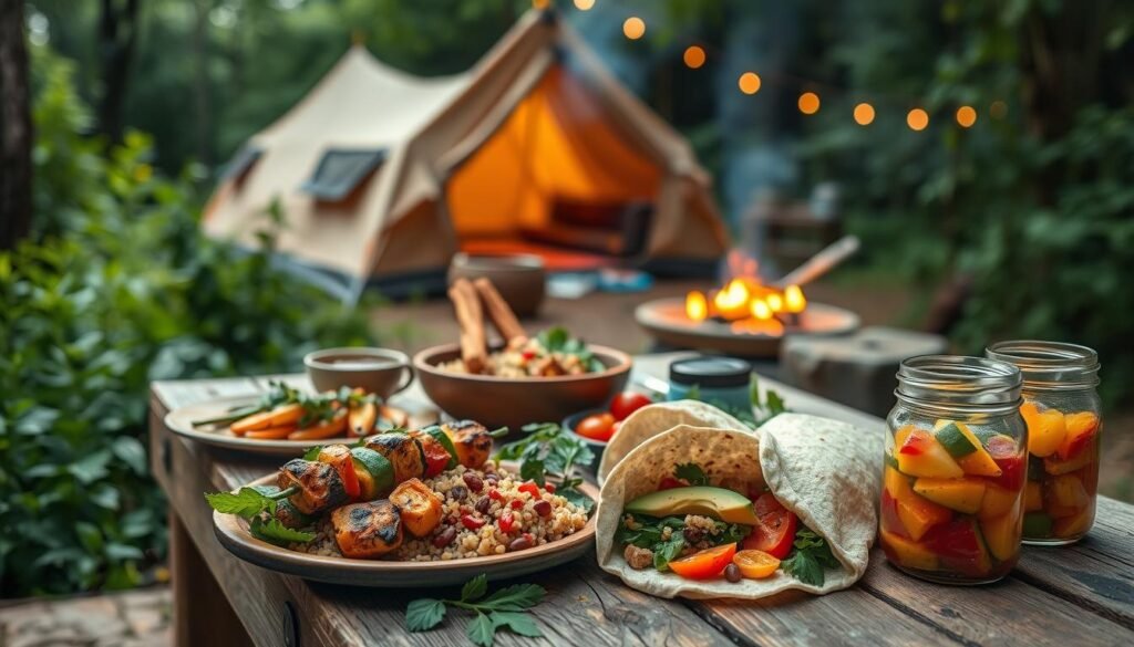 A rustic campsite nestled amidst lush, verdant foliage. A wooden picnic table laden with an array of wholesome, vegetarian camping meals - freshly grilled vegetable skewers, hearty bean and quinoa salad, creamy avocado and roasted red pepper wraps, and a colorful fruit salad in a mason jar. Soft, diffused lighting illuminates the scene, casting a warm, inviting glow. In the background, a cozy tent and crackling campfire hint at the peaceful, outdoor adventure to come. The scene exudes a sense of nourishment, simplicity, and the joyful embrace of nature. A rustic campsite nestled amidst lush, verdant foliage. A wooden picnic table laden with an array of wholesome, vegetarian camping meals - freshly grilled vegetable skewers, hearty bean and quinoa salad, creamy avocado and roasted red pepper wraps, and a colorful fruit salad in a mason jar. Soft, diffused lighting illuminates the scene, casting a warm, inviting glow. In the background, a cozy tent and crackling campfire hint at the peaceful, outdoor adventure to come. The scene exudes a sense of nourishment, simplicity, and the joyful embrace of nature.