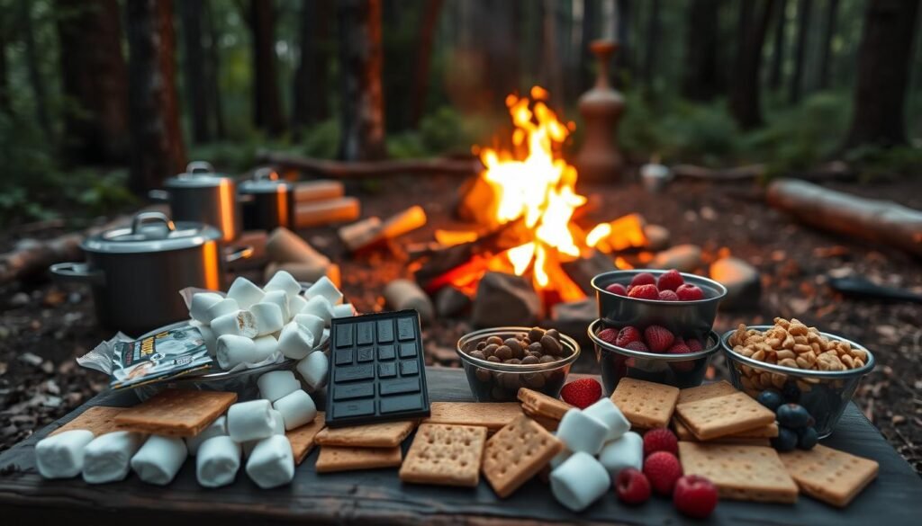 A rustic campsite nestled in a lush forest, with a crackling fire pit and a selection of neatly organized camping cookware. In the foreground, an array of pre-prepared dessert ingredients and snacks, such as chocolate bars, marshmallows, graham crackers, and various berries. The lighting is soft and warm, creating a cozy atmosphere. The focus is on the preparation and organization of these make-ahead camping treats, showcasing a stress-free approach to indulging in delicious campfire desserts. A rustic campsite nestled in a lush forest, with a crackling fire pit and a selection of neatly organized camping cookware. In the foreground, an array of pre-prepared dessert ingredients and snacks, such as chocolate bars, marshmallows, graham crackers, and various berries. The lighting is soft and warm, creating a cozy atmosphere. The focus is on the preparation and organization of these make-ahead camping treats, showcasing a stress-free approach to indulging in delicious campfire desserts.