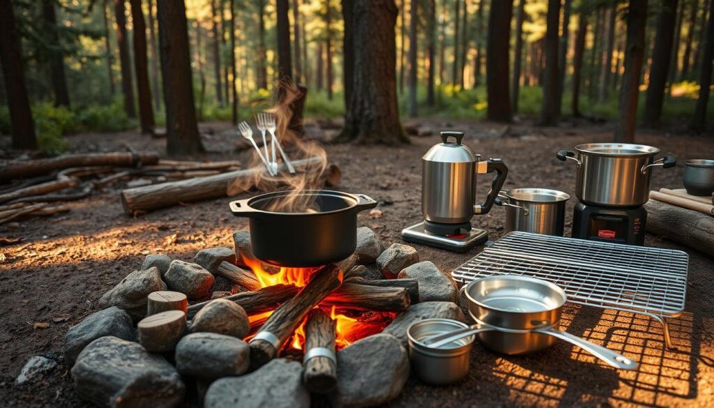 A rustic campsite nestled in a serene forest, with a central cooking area featuring a cast-iron dutch oven simmering over a crackling fire pit. Nearby, a collection of essential cooking equipment is arranged neatly - a sturdy camping stove, a set of stainless steel cookware, a metal grid for grilling, and an assortment of utensils. The scene is bathed in warm, golden light, casting long shadows and creating a cozy, inviting atmosphere. The overall composition emphasizes the rugged, practical nature of the camping cooking setup, ready to prepare delicious meals in the great outdoors.
