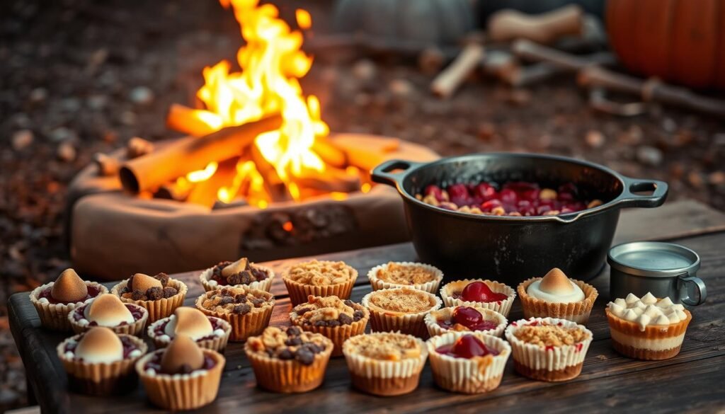A rustic campsite scene, featuring an assortment of delectable make-ahead camping desserts laid out on a wooden picnic table. In the foreground, an array of individual servings, such as gooey s'mores tarts, bite-sized fruit cobblers, and creamy no-bake cheesecake cups. In the middle ground, a weathered cast-iron dutch oven emits the aroma of a bubbling, homemade berry crisp. The background showcases a cozy campfire, its flickering flames casting a warm, inviting glow over the scene. The lighting is soft and natural, with a touch of golden-hour hues. The overall mood is one of rustic simplicity and delightful indulgence, perfectly capturing the essence of make-ahead camping desserts. A rustic campsite scene, featuring an assortment of delectable make-ahead camping desserts laid out on a wooden picnic table. In the foreground, an array of individual servings, such as gooey s'mores tarts, bite-sized fruit cobblers, and creamy no-bake cheesecake cups. In the middle ground, a weathered cast-iron dutch oven emits the aroma of a bubbling, homemade berry crisp. The background showcases a cozy campfire, its flickering flames casting a warm, inviting glow over the scene. The lighting is soft and natural, with a touch of golden-hour hues. The overall mood is one of rustic simplicity and delightful indulgence, perfectly capturing the essence of make-ahead camping desserts.
