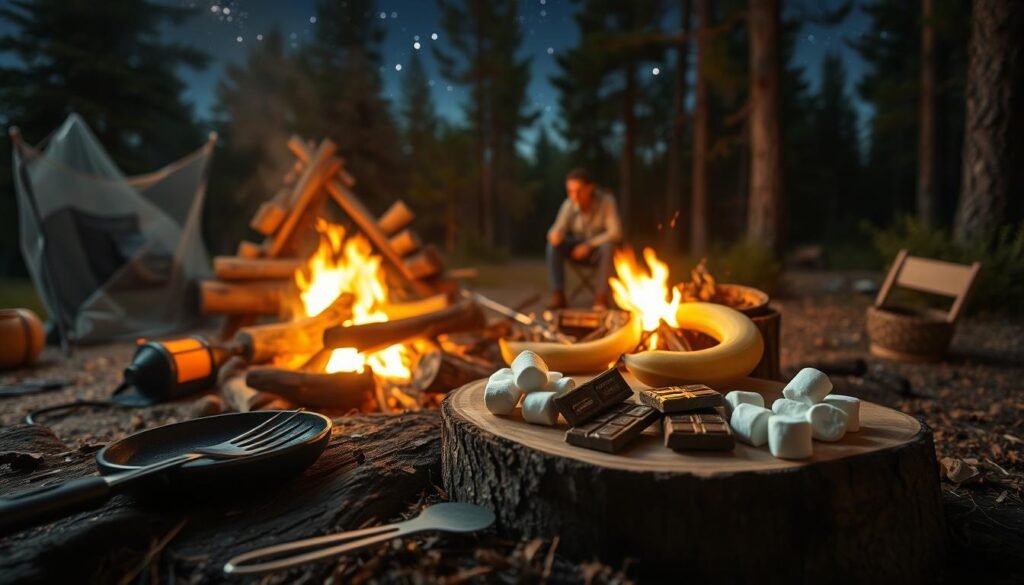 A rustic campsite scene, with a large, crackling campfire taking center stage. In the foreground, an assortment of camp cooking equipment is neatly arranged, including a cast-iron skillet, a long-handled fork, and a sturdy set of tongs. The middle ground features a wooden log serving as a makeshift prep surface, where various ingredients for a campfire-cooked dish are laid out, such as ripe bananas, chocolate bars, and marshmallows. The background showcases the natural surroundings, with towering pine trees and a starry night sky casting a warm, ambient glow over the entire scene. The lighting is soft and natural, creating a cozy, inviting atmosphere perfect for outdoor cooking and dining.