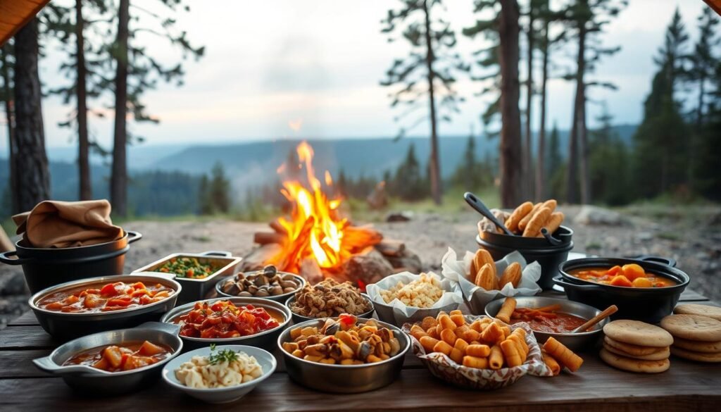 A rustic outdoor camping scene with an assortment of appetizing make-ahead meals arranged on a wooden table. In the foreground, a variety of hearty stews, casseroles, and portable snacks are neatly displayed, their rich colors and textures enticing the viewer. The middle ground features a cozy campfire with flickering flames, casting a warm glow over the scene. In the background, a serene forest landscape with towering pine trees and a clear sky creates a peaceful, natural ambiance. The lighting is soft and diffused, enhancing the homemade, comforting feel of the meals. The overall composition conveys the idea of well-planned, delicious make-ahead camping food suitable for different climate conditions. A rustic outdoor camping scene with an assortment of appetizing make-ahead meals arranged on a wooden table. In the foreground, a variety of hearty stews, casseroles, and portable snacks are neatly displayed, their rich colors and textures enticing the viewer. The middle ground features a cozy campfire with flickering flames, casting a warm glow over the scene. In the background, a serene forest landscape with towering pine trees and a clear sky creates a peaceful, natural ambiance. The lighting is soft and diffused, enhancing the homemade, comforting feel of the meals. The overall composition conveys the idea of well-planned, delicious make-ahead camping food suitable for different climate conditions.