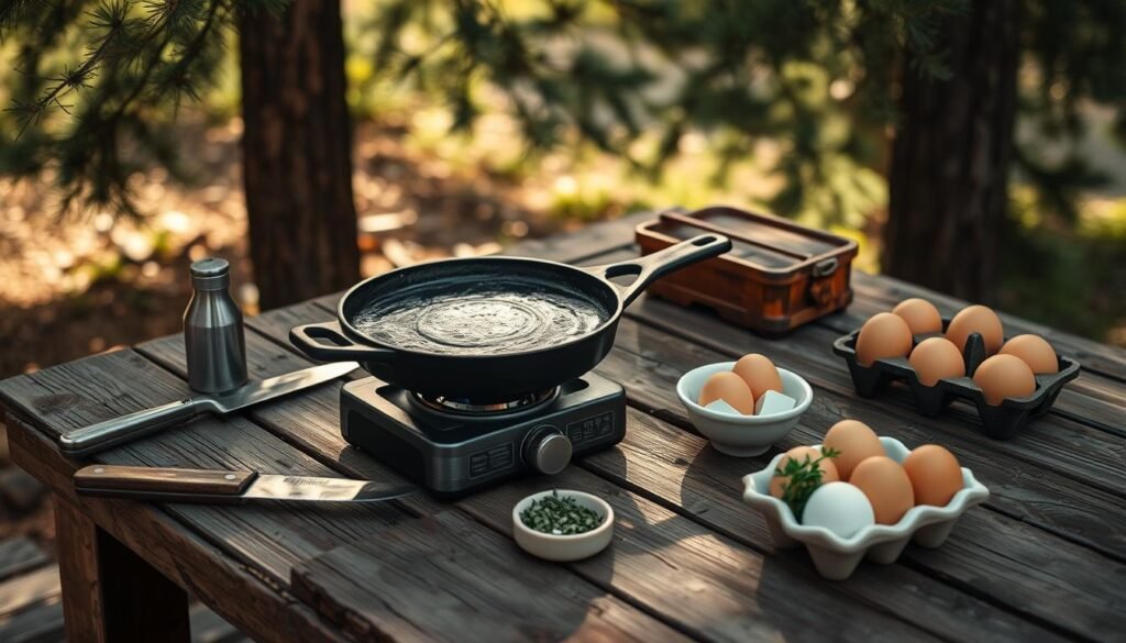 A rustic outdoor cooking scene with a weathered wooden table, a cast iron skillet sizzling over a compact camp stove, and a scattered assortment of essential accessories - a sturdy knife, a set of metal tongs, a salt and pepper shaker, and a small ceramic dish of fresh herbs. Soft, natural light filters through the branches of towering pine trees, casting a warm, earthy glow across the scene. The overall mood is one of rugged practicality and self-reliance, hinting at the challenges and unpredictability of cooking in the great outdoors. A rustic outdoor cooking scene with a weathered wooden table, a cast iron skillet sizzling over a compact camp stove, and a scattered assortment of essential accessories - a sturdy knife, a set of metal tongs, a salt and pepper shaker, and a small ceramic dish of fresh herbs. Soft, natural light filters through the branches of towering pine trees, casting a warm, earthy glow across the scene. The overall mood is one of rugged practicality and self-reliance, hinting at the challenges and unpredictability of cooking in the great outdoors.