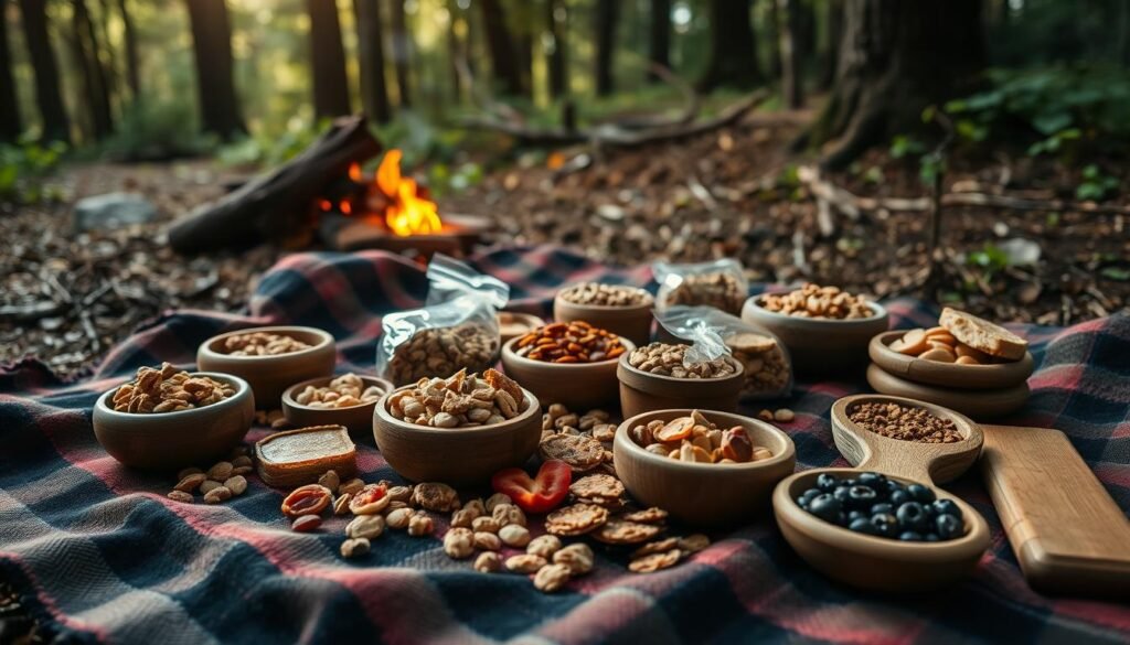 A rustic outdoor scene, with a plaid blanket spread out on the forest floor. Scattered across the blanket are an assortment of homemade trail mixes, granola bars, dried fruit, and energy-boosting snacks. The snacks are presented in earthy, wooden bowls and containers, complementing the natural surroundings. Soft, natural lighting filters through the trees, casting a warm glow on the scene. In the background, a campfire smolders, hinting at the cozy, adventurous atmosphere. The overall mood is one of wholesome, nourishing sustenance, perfect for fueling an active day in the great outdoors. A rustic outdoor scene, with a plaid blanket spread out on the forest floor. Scattered across the blanket are an assortment of homemade trail mixes, granola bars, dried fruit, and energy-boosting snacks. The snacks are presented in earthy, wooden bowls and containers, complementing the natural surroundings. Soft, natural lighting filters through the trees, casting a warm glow on the scene. In the background, a campfire smolders, hinting at the cozy, adventurous atmosphere. The overall mood is one of wholesome, nourishing sustenance, perfect for fueling an active day in the great outdoors.