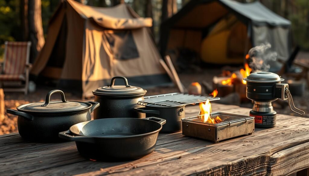 A rustic outdoor scene, with an assortment of camping cooking equipment neatly arranged in the foreground. A sturdy cast-iron skillet, a weathered pots and pans set, a campfire grill, and a compact camping stove sit atop a wooden table, bathed in warm, natural lighting. In the background, a cozy tent and a crackling campfire set the mood for a delightful outdoor meal. The composition is balanced, with the equipment taking center stage, and the surrounding environment providing a sense of tranquility and adventure. Realistic textures, muted colors, and a touch of grit capture the authentic spirit of camp cooking. A rustic outdoor scene, with an assortment of camping cooking equipment neatly arranged in the foreground. A sturdy cast-iron skillet, a weathered pots and pans set, a campfire grill, and a compact camping stove sit atop a wooden table, bathed in warm, natural lighting. In the background, a cozy tent and a crackling campfire set the mood for a delightful outdoor meal. The composition is balanced, with the equipment taking center stage, and the surrounding environment providing a sense of tranquility and adventure. Realistic textures, muted colors, and a touch of grit capture the authentic spirit of camp cooking.