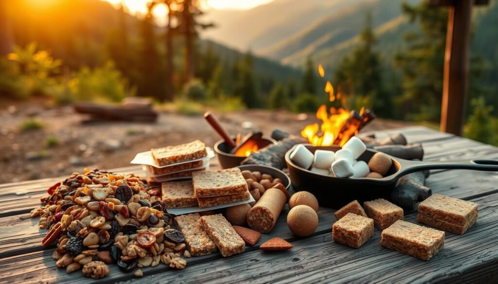 A rustic outdoor scene with an assortment of homemade, portable camping snacks laid out on a wooden picnic table. In the foreground, there are trail mix, granola bars, dried fruit, and energy bites, all neatly arranged. The middle ground features a small campfire with a cast iron skillet sizzling with s'mores ingredients. In the background, lush green forests and mountains under a warm, golden sunset lighting create a cozy, adventurous atmosphere. The image has a natural, realistic style with a focus on textures, details, and earthy tones, capturing the essence of make-ahead snacks for a hiking or camping trip. A rustic outdoor scene with an assortment of homemade, portable camping snacks laid out on a wooden picnic table. In the foreground, there are trail mix, granola bars, dried fruit, and energy bites, all neatly arranged. The middle ground features a small campfire with a cast iron skillet sizzling with s'mores ingredients. In the background, lush green forests and mountains under a warm, golden sunset lighting create a cozy, adventurous atmosphere. The image has a natural, realistic style with a focus on textures, details, and earthy tones, capturing the essence of make-ahead snacks for a hiking or camping trip.