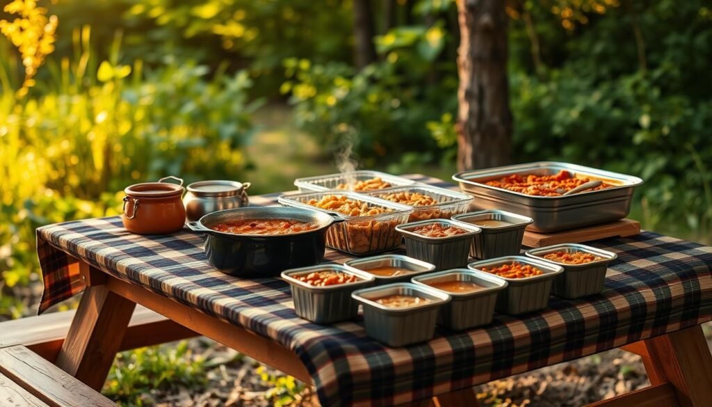 A rustic outdoor setting with a wooden picnic table and bench, adorned with a plaid tablecloth. On the table, an assortment of hearty, make-ahead camping meals are neatly arranged: a pot of stew, a casserole dish, and individual portions of chili or soup in reusable containers. The scene is bathed in warm, golden lighting, creating a cozy, inviting atmosphere. In the background, a backdrop of lush, verdant foliage suggests a secluded, natural environment perfect for a peaceful camping retreat. The overall composition evokes a sense of seasonal, outdoor dining and meal-planning preparedness. A rustic outdoor setting with a wooden picnic table and bench, adorned with a plaid tablecloth. On the table, an assortment of hearty, make-ahead camping meals are neatly arranged: a pot of stew, a casserole dish, and individual portions of chili or soup in reusable containers. The scene is bathed in warm, golden lighting, creating a cozy, inviting atmosphere. In the background, a backdrop of lush, verdant foliage suggests a secluded, natural environment perfect for a peaceful camping retreat. The overall composition evokes a sense of seasonal, outdoor dining and meal-planning preparedness.