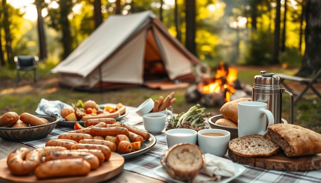 A rustic outdoor table set with a variety of camping-friendly foods - freshly grilled sausages, roasted vegetables, hearty bread, and a thermos of hot coffee. Soft afternoon light filters through the trees, casting a warm glow on the scene. In the background, a cozy canvas tent and a crackling campfire suggest a peaceful family getaway in nature. The composition is balanced, with the food and tableware taking center stage, surrounded by the natural elements that make up the ideal camping experience. A rustic outdoor table set with a variety of camping-friendly foods - freshly grilled sausages, roasted vegetables, hearty bread, and a thermos of hot coffee. Soft afternoon light filters through the trees, casting a warm glow on the scene. In the background, a cozy canvas tent and a crackling campfire suggest a peaceful family getaway in nature. The composition is balanced, with the food and tableware taking center stage, surrounded by the natural elements that make up the ideal camping experience.