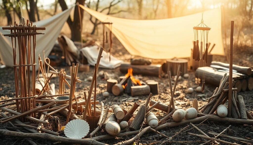 A rustic, sun-dappled outdoor scene showcasing a variety of DIY camping projects crafted from natural materials. In the foreground, a collection of sticks, twigs, and found objects are carefully arranged, highlighting the artistry of stick weaving, twig sculptures, and natural wind chimes. The middle ground features a small campfire surrounded by a simple log seating area, with a handful of camping essentials like a canvas tarp and wooden utensils in the background. The overall composition evokes a sense of tranquility and connection to the natural world, with warm, diffused lighting and a muted color palette that complements the earthy, handmade aesthetic.