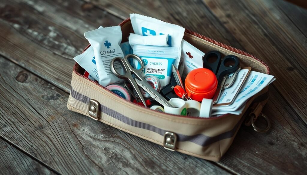 A rustic, well-stocked first aid kit rests on a weathered wooden surface, its contents meticulously arranged. The kit's sturdy canvas exterior is complemented by gleaming metal fasteners, conveying a sense of durability and functionality. The soft, diffused lighting illuminates the various medical supplies within, including bandages, antiseptic wipes, scissors, and adhesive tapes, all neatly organized for easy access. The overall composition evokes a feeling of preparedness and attention to detail, befitting the practical needs of outdoor enthusiasts embarking on a camping adventure. A rustic, well-stocked first aid kit rests on a weathered wooden surface, its contents meticulously arranged. The kit's sturdy canvas exterior is complemented by gleaming metal fasteners, conveying a sense of durability and functionality. The soft, diffused lighting illuminates the various medical supplies within, including bandages, antiseptic wipes, scissors, and adhesive tapes, all neatly organized for easy access. The overall composition evokes a feeling of preparedness and attention to detail, befitting the practical needs of outdoor enthusiasts embarking on a camping adventure.
