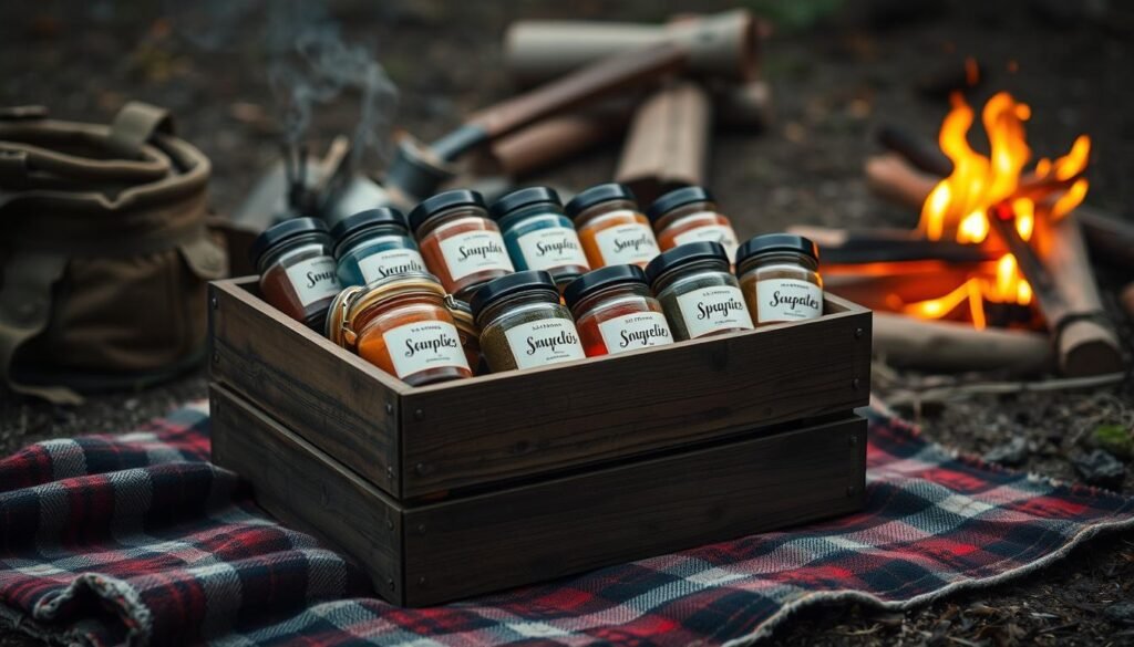 A rustic wooden crate overflowing with an assortment of artisanal spice jars, each labeled with a hand-painted script. The crate sits atop a plaid blanket, surrounded by weathered camping gear and a crackling campfire in the background. Soft, warm lighting illuminates the scene, casting a cozy, inviting atmosphere. The spices are neatly arranged, their vibrant colors and varied textures creating a visually appealing display. Hints of earthy, fragrant scents waft through the air, enticing the senses. The overall composition evokes the spirit of an outdoor adventure and the comforts of a well-equipped campsite, perfect for highlighting the essential nature of a versatile spice kit for any camping excursion. A rustic wooden crate overflowing with an assortment of artisanal spice jars, each labeled with a hand-painted script. The crate sits atop a plaid blanket, surrounded by weathered camping gear and a crackling campfire in the background. Soft, warm lighting illuminates the scene, casting a cozy, inviting atmosphere. The spices are neatly arranged, their vibrant colors and varied textures creating a visually appealing display. Hints of earthy, fragrant scents waft through the air, enticing the senses. The overall composition evokes the spirit of an outdoor adventure and the comforts of a well-equipped campsite, perfect for highlighting the essential nature of a versatile spice kit for any camping excursion.
