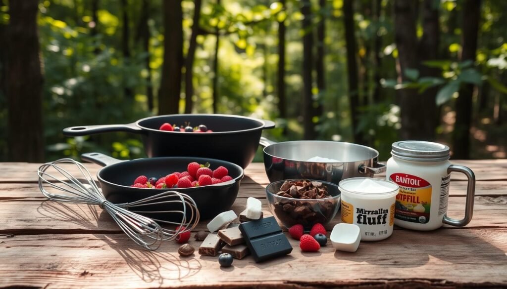 A rustic wooden table against a backdrop of lush forest foliage, sunlight filtering through the trees. On the table, an assortment of camping cookware and utensils are neatly arranged - a cast-iron skillet, a wire whisk, a mixing bowl, and a set of measuring cups. Ripe berries, chunks of chocolate, and a jar of marshmallow fluff sit alongside them, ready for the creation of delectable campfire desserts. The scene exudes a sense of prepared adventure, inviting the viewer to envision the delicious treats that will soon emerge from this well-stocked outdoor prep station. A rustic wooden table against a backdrop of lush forest foliage, sunlight filtering through the trees. On the table, an assortment of camping cookware and utensils are neatly arranged - a cast-iron skillet, a wire whisk, a mixing bowl, and a set of measuring cups. Ripe berries, chunks of chocolate, and a jar of marshmallow fluff sit alongside them, ready for the creation of delectable campfire desserts. The scene exudes a sense of prepared adventure, inviting the viewer to envision the delicious treats that will soon emerge from this well-stocked outdoor prep station.