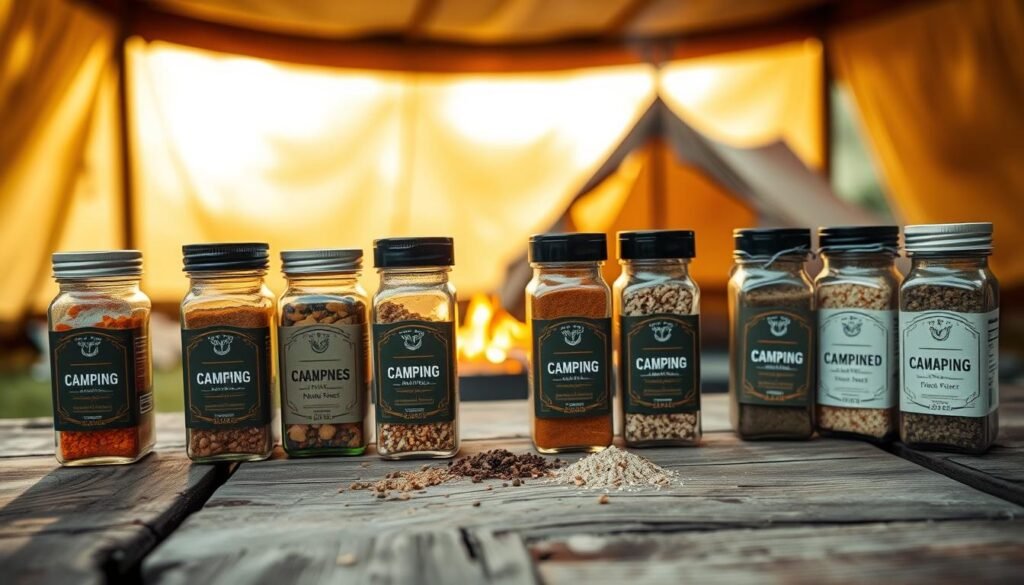 A rustic wooden table displays an assortment of spice jars, their labels clearly visible. The spices are arranged in a visually appealing manner, with complementary colors and textures creating a harmonious composition. In the background, a canvas tent and campfire evoke the adventurous spirit of outdoor living. Warm, natural lighting casts a cozy glow over the scene, emphasizing the practical yet stylish nature of this camping spice kit. The focus is on the details of the spices themselves, inviting the viewer to imagine the flavorful meals that could be prepared with this carefully curated selection. A rustic wooden table displays an assortment of spice jars, their labels clearly visible. The spices are arranged in a visually appealing manner, with complementary colors and textures creating a harmonious composition. In the background, a canvas tent and campfire evoke the adventurous spirit of outdoor living. Warm, natural lighting casts a cozy glow over the scene, emphasizing the practical yet stylish nature of this camping spice kit. The focus is on the details of the spices themselves, inviting the viewer to imagine the flavorful meals that could be prepared with this carefully curated selection.