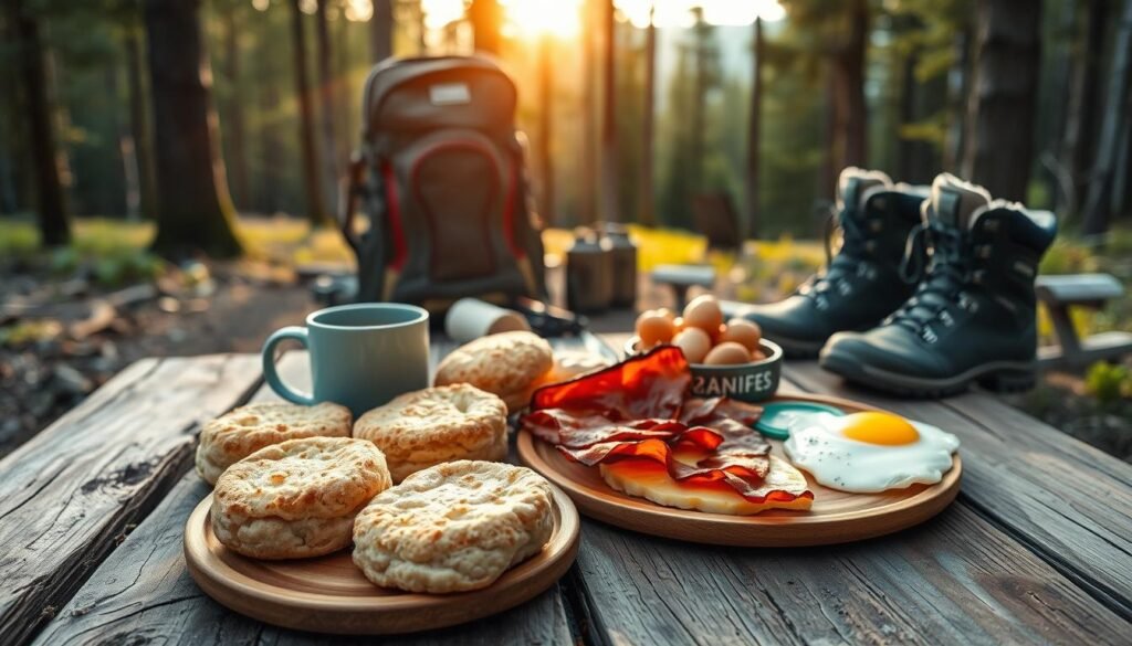 A rustic wooden table in the foreground, adorned with an array of hearty breakfast items - freshly baked biscuits, crisp bacon, scrambled eggs, and a steaming mug of coffee. In the middle ground, a well-packed camping backpack and a pair of sturdy hiking boots, hinting at the adventurous nature of the scene. The background features a serene forest landscape, with sunlight filtering through the trees, creating a warm and inviting atmosphere. The scene is captured with a wide-angle lens, emphasizing the sense of space and the connection between the outdoor elements and the prepared meal. The overall mood is one of preparedness, comfort, and the joy of exploring the great outdoors. A rustic wooden table in the foreground, adorned with an array of hearty breakfast items - freshly baked biscuits, crisp bacon, scrambled eggs, and a steaming mug of coffee. In the middle ground, a well-packed camping backpack and a pair of sturdy hiking boots, hinting at the adventurous nature of the scene. The background features a serene forest landscape, with sunlight filtering through the trees, creating a warm and inviting atmosphere. The scene is captured with a wide-angle lens, emphasizing the sense of space and the connection between the outdoor elements and the prepared meal. The overall mood is one of preparedness, comfort, and the joy of exploring the great outdoors.
