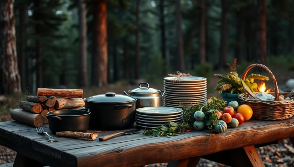 A rustic wooden table set against a backdrop of towering pines, bathed in the warm glow of a campfire. On the tabletop, an array of camp cooking essentials: a cast-iron skillet, a sturdy cooking pot, a mess kit, and a stack of tin plates. Next to them, a bundle of firewood, a pile of freshly foraged herbs, and a basket of seasonal produce. The scene evokes the comforting atmosphere of a satisfying camp dinner, with the soft light and natural textures creating a cozy, inviting ambiance. A rustic wooden table set against a backdrop of towering pines, bathed in the warm glow of a campfire. On the tabletop, an array of camp cooking essentials: a cast-iron skillet, a sturdy cooking pot, a mess kit, and a stack of tin plates. Next to them, a bundle of firewood, a pile of freshly foraged herbs, and a basket of seasonal produce. The scene evokes the comforting atmosphere of a satisfying camp dinner, with the soft light and natural textures creating a cozy, inviting ambiance.