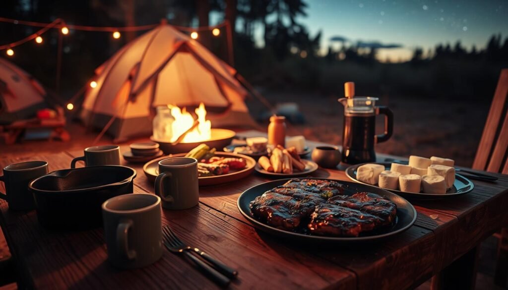 A rustic wooden table set for a cozy camping meal, illuminated by warm campfire light. In the foreground, an assortment of essential kitchenware - a cast-iron skillet, sturdy mugs, and a percolator coffee pot. In the middle ground, freshly grilled steaks, roasted vegetables, and a platter of s'mores ingredients. In the background, glimpses of a tent and a starry night sky, creating a peaceful, outdoor atmosphere. The scene is captured with a wide-angle lens, emphasizing the tranquil, naturalistic setting.