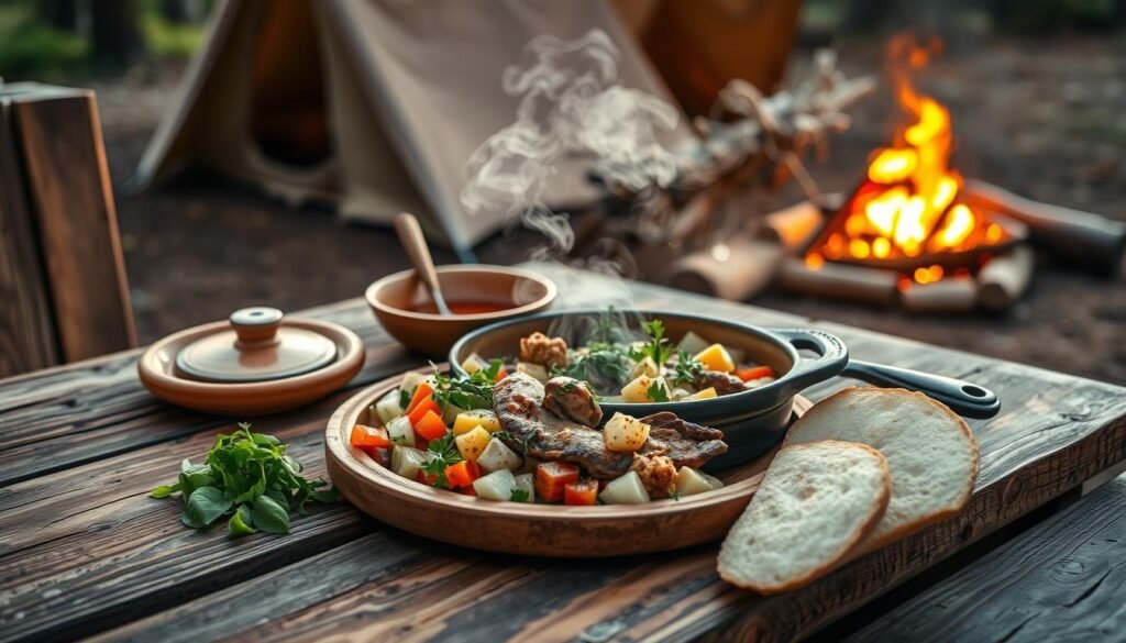 A rustic wooden table set with a simple one-pot camping meal, steam rising from the pot. Diced vegetables, fresh herbs, and a hearty protein, all arranged in an effortless, inviting composition. Warm, natural lighting casts a cozy glow, accentuating the textures of the earthenware and weathered wood. In the background, a glimpse of a canvas tent and a campfire, hinting at the wilderness setting. The image conveys a sense of easy, outdoor living and the joy of uncomplicated, delicious sustenance in the great outdoors. A rustic wooden table set with a simple one-pot camping meal, steam rising from the pot. Diced vegetables, fresh herbs, and a hearty protein, all arranged in an effortless, inviting composition. Warm, natural lighting casts a cozy glow, accentuating the textures of the earthenware and weathered wood. In the background, a glimpse of a canvas tent and a campfire, hinting at the wilderness setting. The image conveys a sense of easy, outdoor living and the joy of uncomplicated, delicious sustenance in the great outdoors.