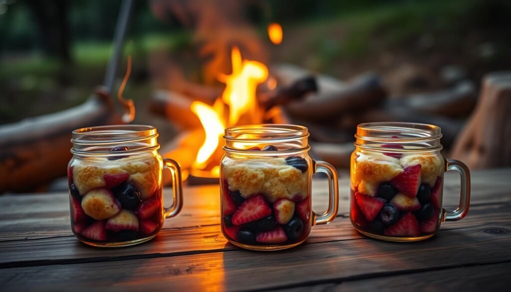 A rustic wooden table set with a trio of mason jars, each brimming with a decadent fruit cobbler. The golden, buttery crust is dotted with plump, juicy berries, glistening under warm, soft lighting. Wisps of steam rise from the jars, hinting at the comforting flavors within. In the background, a cozy campfire crackles, casting a gentle glow over the scene. Captured with a wide-angle lens, the composition emphasizes the jars' portability and the intimate, homemade feel of this individual-sized dessert - the perfect ending to a day spent in the great outdoors. A rustic wooden table set with a trio of mason jars, each brimming with a decadent fruit cobbler. The golden, buttery crust is dotted with plump, juicy berries, glistening under warm, soft lighting. Wisps of steam rise from the jars, hinting at the comforting flavors within. In the background, a cozy campfire crackles, casting a gentle glow over the scene. Captured with a wide-angle lens, the composition emphasizes the jars' portability and the intimate, homemade feel of this individual-sized dessert - the perfect ending to a day spent in the great outdoors.
