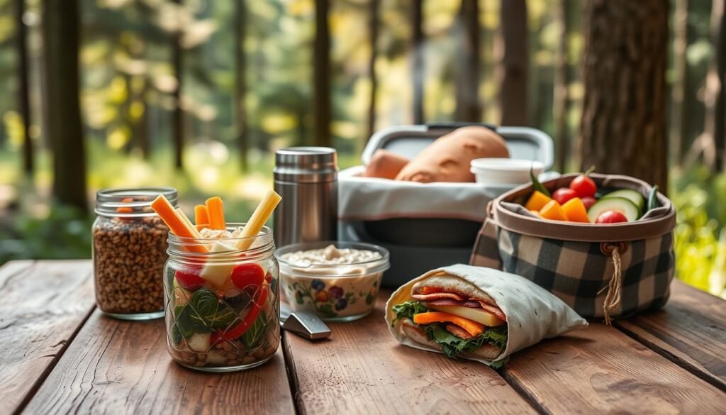 A rustic wooden table set with a variety of make-ahead camping lunch options. In the foreground, a mason jar filled with a hearty grain salad, a container of creamy hummus with carrot and celery sticks, and a wrapped sandwich made with crisp greens and savory roasted vegetables. In the middle ground, a thermos of steaming soup, a cloth-wrapped loaf of homemade bread, and a small cooler packed with fresh fruit and yogurt. The background features a backdrop of lush forest scenery, with dappled sunlight filtering through the trees, creating a warm, natural atmosphere. The entire scene is captured with a shallow depth of field, emphasizing the textures and colors of the make-ahead lunch items. A rustic wooden table set with a variety of make-ahead camping lunch options. In the foreground, a mason jar filled with a hearty grain salad, a container of creamy hummus with carrot and celery sticks, and a wrapped sandwich made with crisp greens and savory roasted vegetables. In the middle ground, a thermos of steaming soup, a cloth-wrapped loaf of homemade bread, and a small cooler packed with fresh fruit and yogurt. The background features a backdrop of lush forest scenery, with dappled sunlight filtering through the trees, creating a warm, natural atmosphere. The entire scene is captured with a shallow depth of field, emphasizing the textures and colors of the make-ahead lunch items.