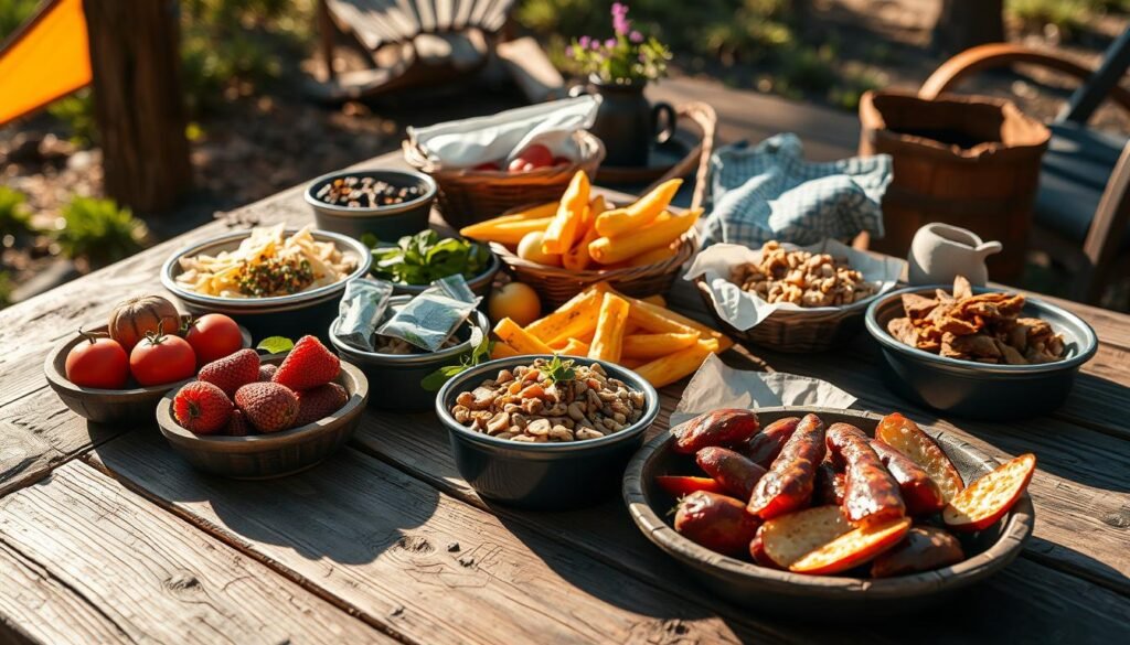 A rustic wooden table set with a variety of no-cook camping meal options - fresh fruits, trail mix, pre-cooked protein, and easy-to-prepare snacks. The scene is bathed in warm, natural lighting, casting soft shadows and highlighting the textures of the ingredients. The composition features the table in the foreground, with the background hinting at a serene outdoor setting, perhaps a campsite or picnic area. The overall mood is one of simplicity, convenience, and a connection to nature, perfect for hot summer days when you want to minimize time spent cooking. A rustic wooden table set with a variety of no-cook camping meal options - fresh fruits, trail mix, pre-cooked protein, and easy-to-prepare snacks. The scene is bathed in warm, natural lighting, casting soft shadows and highlighting the textures of the ingredients. The composition features the table in the foreground, with the background hinting at a serene outdoor setting, perhaps a campsite or picnic area. The overall mood is one of simplicity, convenience, and a connection to nature, perfect for hot summer days when you want to minimize time spent cooking.