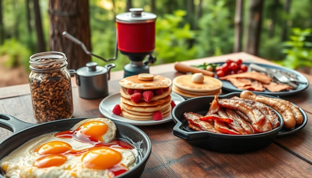 A rustic wooden table set with an array of freshly prepared breakfast items for the camping trip. In the foreground, a cast iron skillet sizzles with hearty scrambled eggs, accompanied by a stack of fluffy pancakes drizzled with rich maple syrup. Alongside, a mason jar filled with homemade granola and fresh berries, and a platter of crisp bacon and sausages. In the middle ground, a small camp stove provides the warmth, casting a soft glow over the scene. The background features a backdrop of lush, verdant forest, hinting at the outdoor adventure to come. The lighting is natural and warm, creating a cozy, inviting atmosphere for this make-ahead camping breakfast. A rustic wooden table set with an array of freshly prepared breakfast items for the camping trip. In the foreground, a cast iron skillet sizzles with hearty scrambled eggs, accompanied by a stack of fluffy pancakes drizzled with rich maple syrup. Alongside, a mason jar filled with homemade granola and fresh berries, and a platter of crisp bacon and sausages. In the middle ground, a small camp stove provides the warmth, casting a soft glow over the scene. The background features a backdrop of lush, verdant forest, hinting at the outdoor adventure to come. The lighting is natural and warm, creating a cozy, inviting atmosphere for this make-ahead camping breakfast.